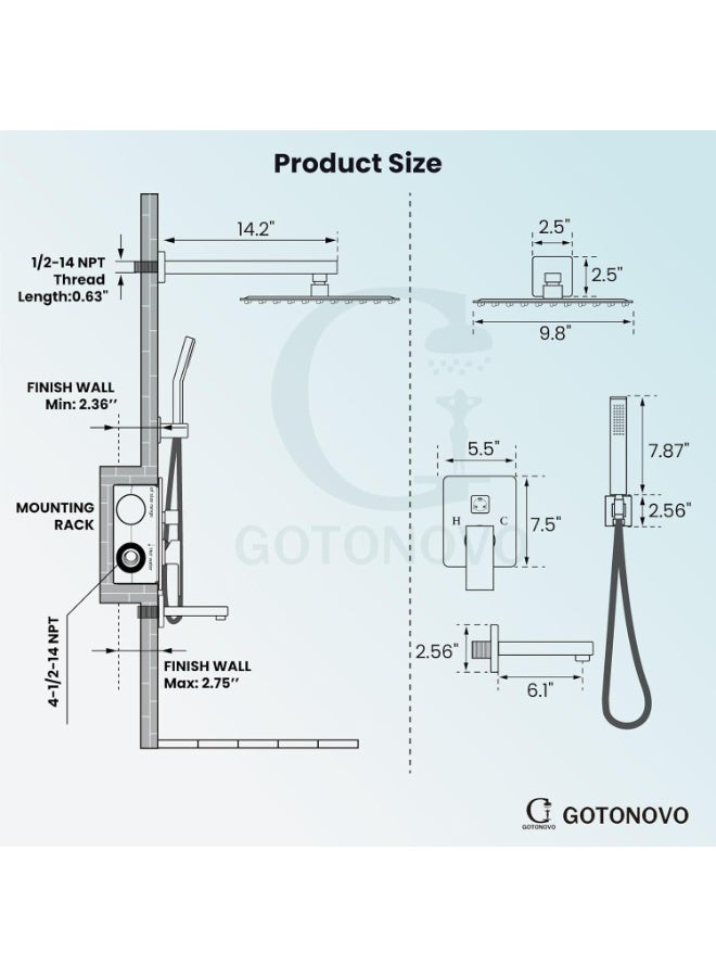 مجموعة نظام الاستحمام مع فوهة الحوض، مجموعة صنبور الاستحمام المثبت على الحائط بثلاث وظائف، رأس استحمام ممطر وموزع يدوي، مجموعة صمام تركيب أولي، مجموعة تجهيزات الاستحمام 10 بوصات بالكروم المصقول - Image 2